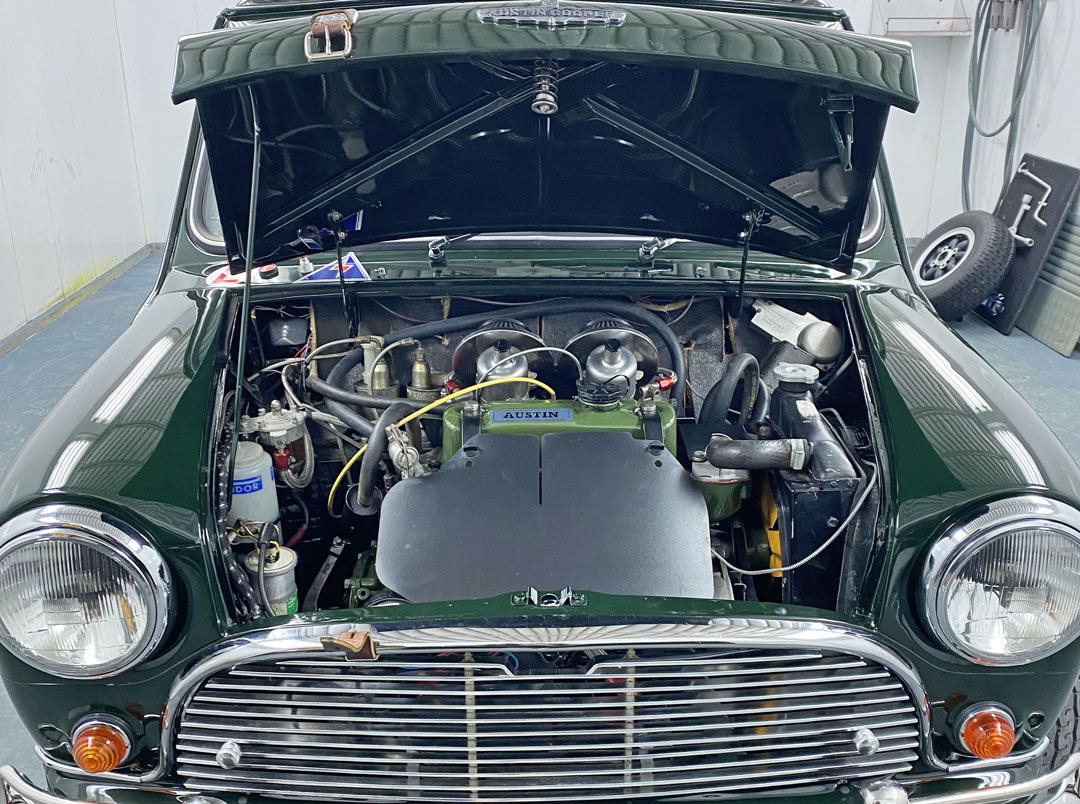 Engine Bay of a classic Mini Cooper S