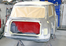Mini bodyshell prepped, taped and ready to paint