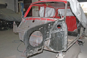 Mini stripped, ready for new panels to be fitted.