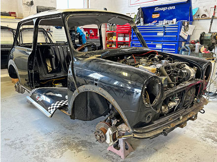 Black Cooper LE ready to be stripped for a restoration at Mini Sport Ltd