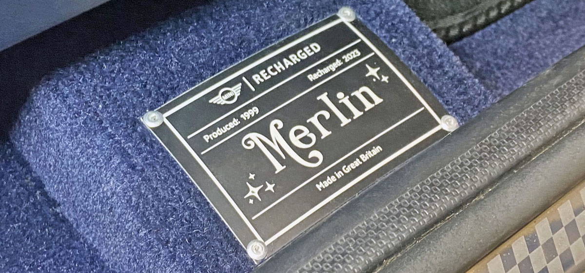 'Merlin' Mini EV name plate. An EV MINI Recharged Conversion.