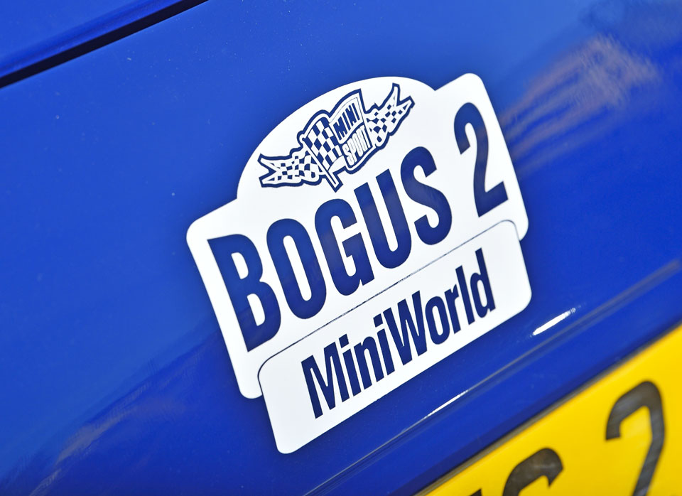 Close-up of Bogus 2 and Mini World decal on 1994 Mini Bogus 2 Limited Edition, adding a touch of uniqueness and heritage.