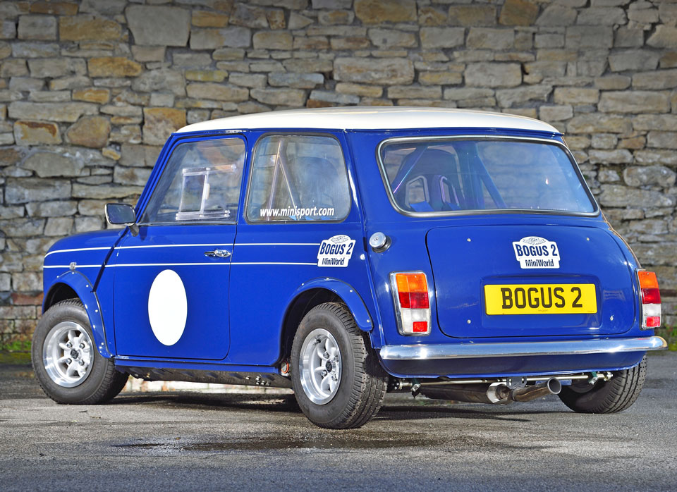 Rear view of 1994 Mini Bogus 2 Limited Edition: Stunning Eclipse Blue body with Old English White roof, a timeless masterpiece.