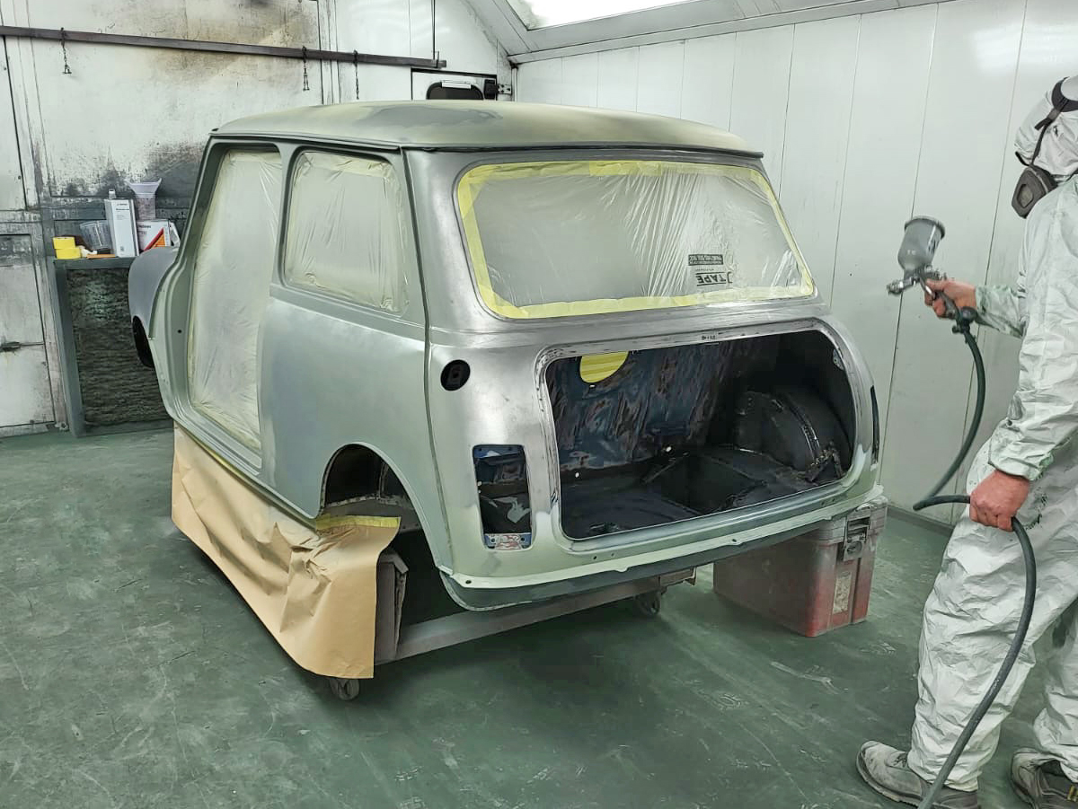 Prepped Mini body shell starting to be primed