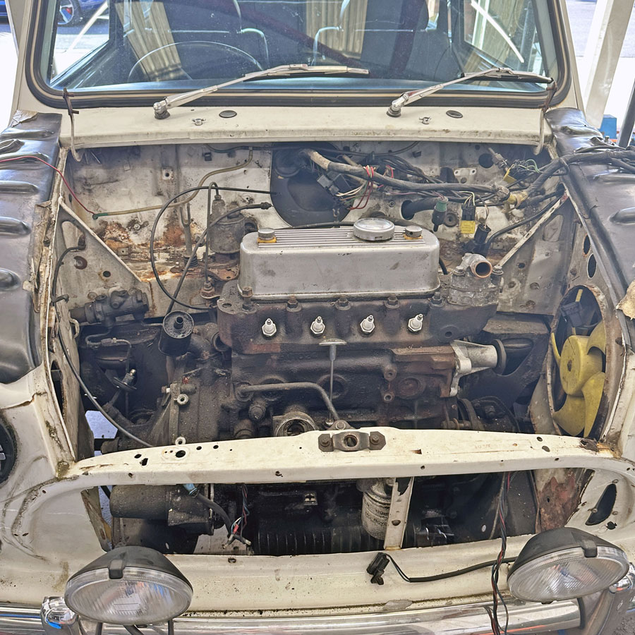 Corroded Engine bay, of a classic Mini Cooper SPi
