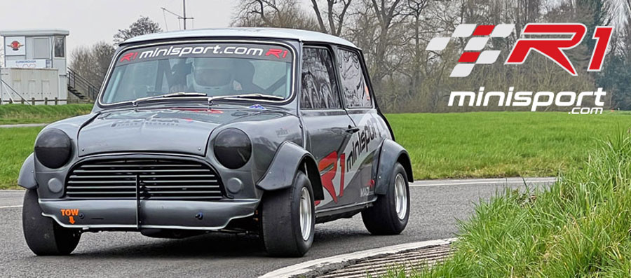 R1 Mini going round a corner at the Curborough Race Track.