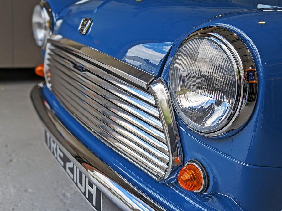 Grille of a Island Blue Mini Cooper, ready for the auction.