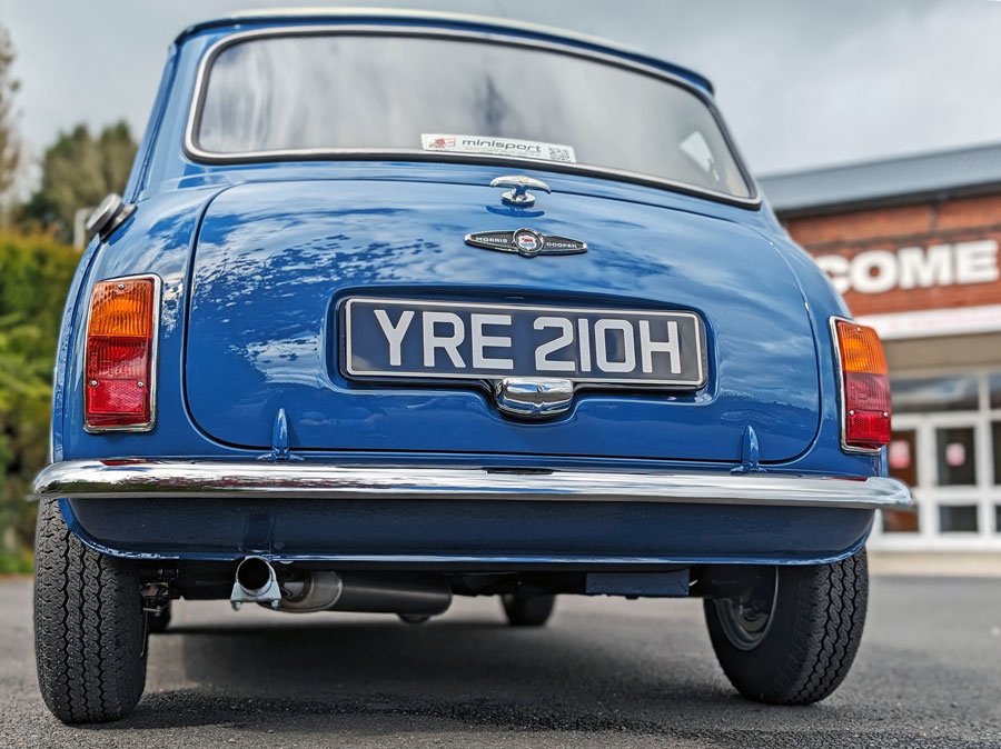 Rear of the classic Mini Cooper painted in Island Blue