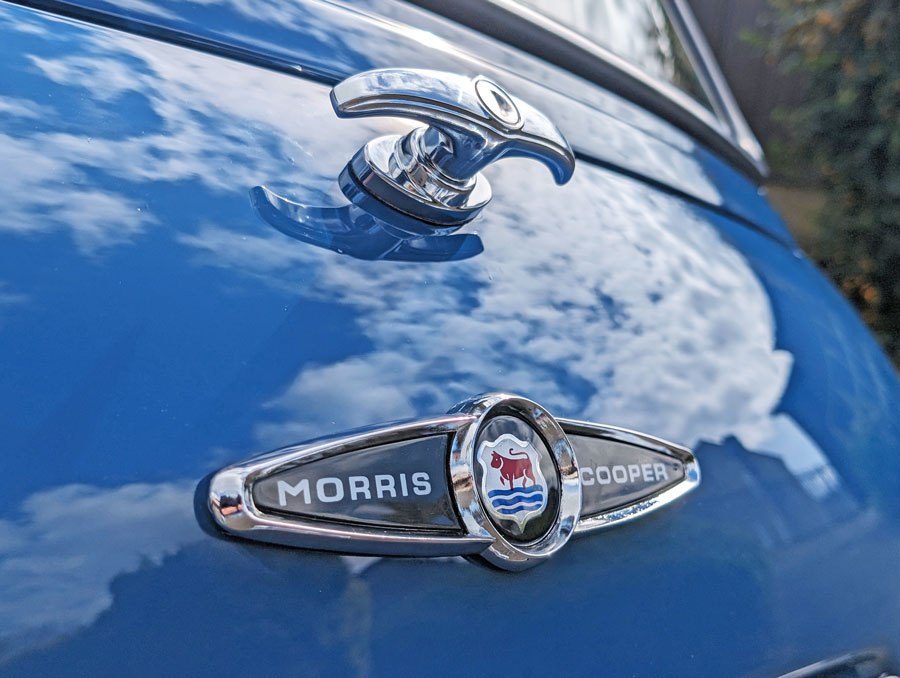Morris Mini Cooper boot badge, fitted onto the Bangers and cash Mini.