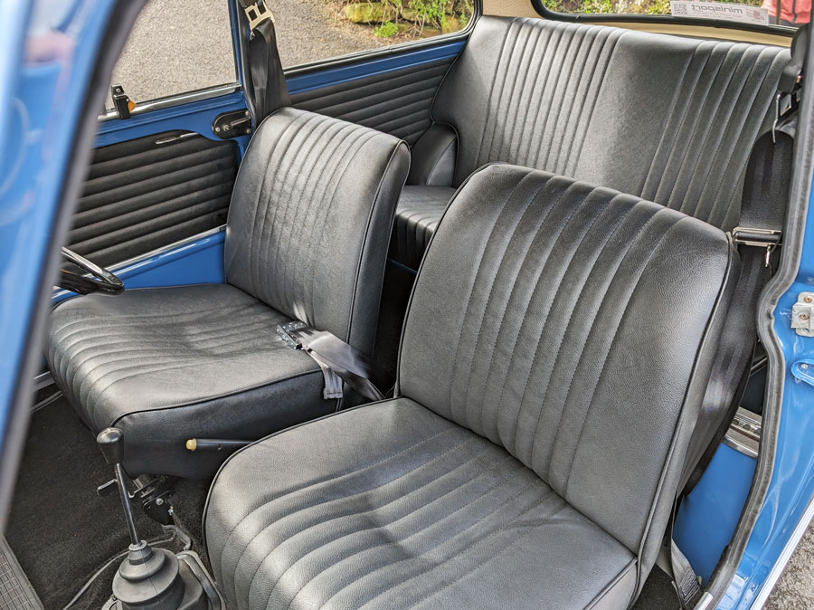 Refurbished, classic Mini seats for a Mk2 Cooper featuring in Bangers and Cash