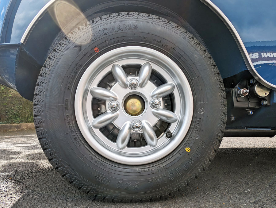 Rear Wheel and tyre on the Mk2 Mini Cooper.