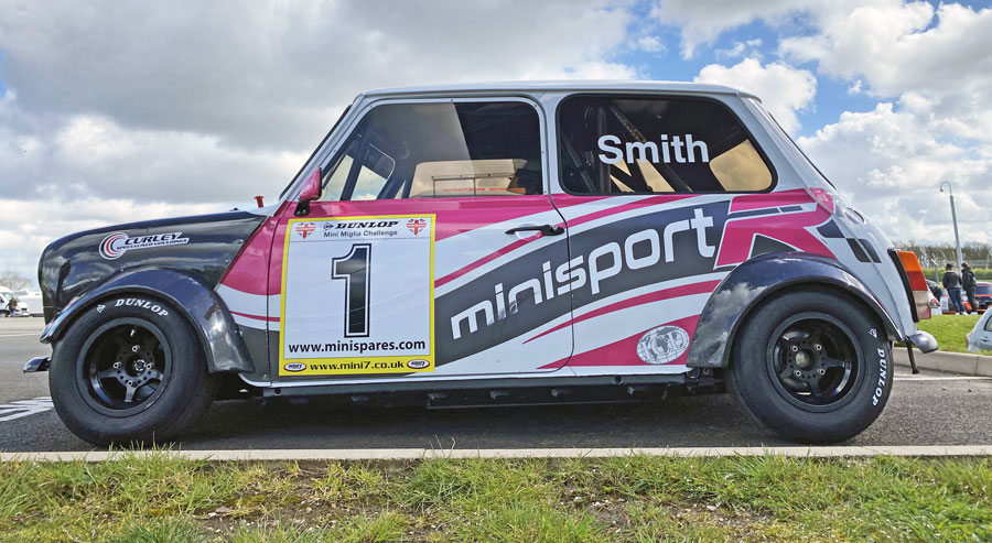 Aaron Smith's Mini Miglia at Donington Park, to compete in the championship.