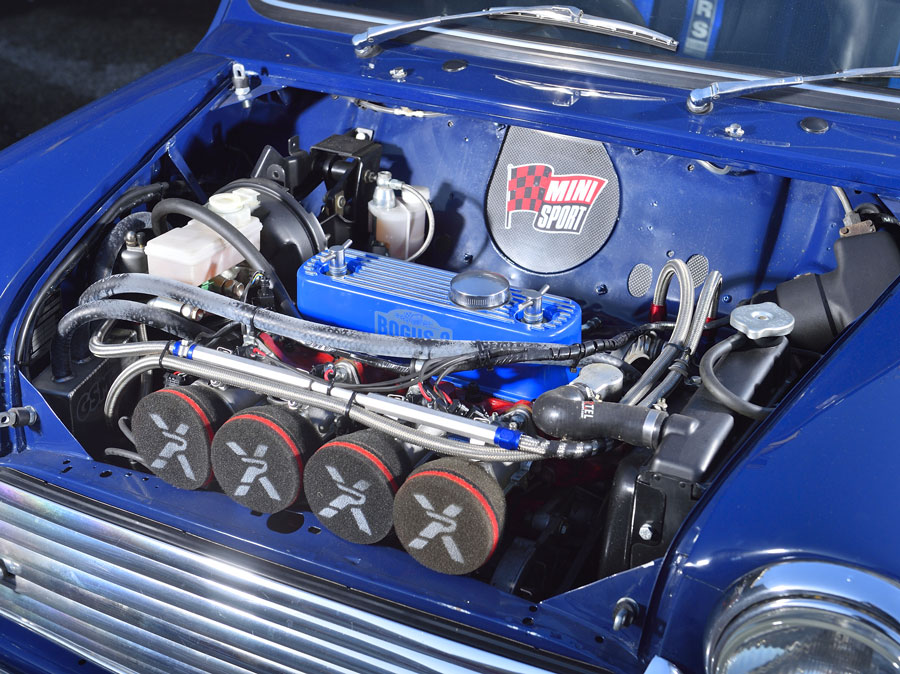 Engine Bay of Bogus 2, the fast road Mini Built by Mini Sport