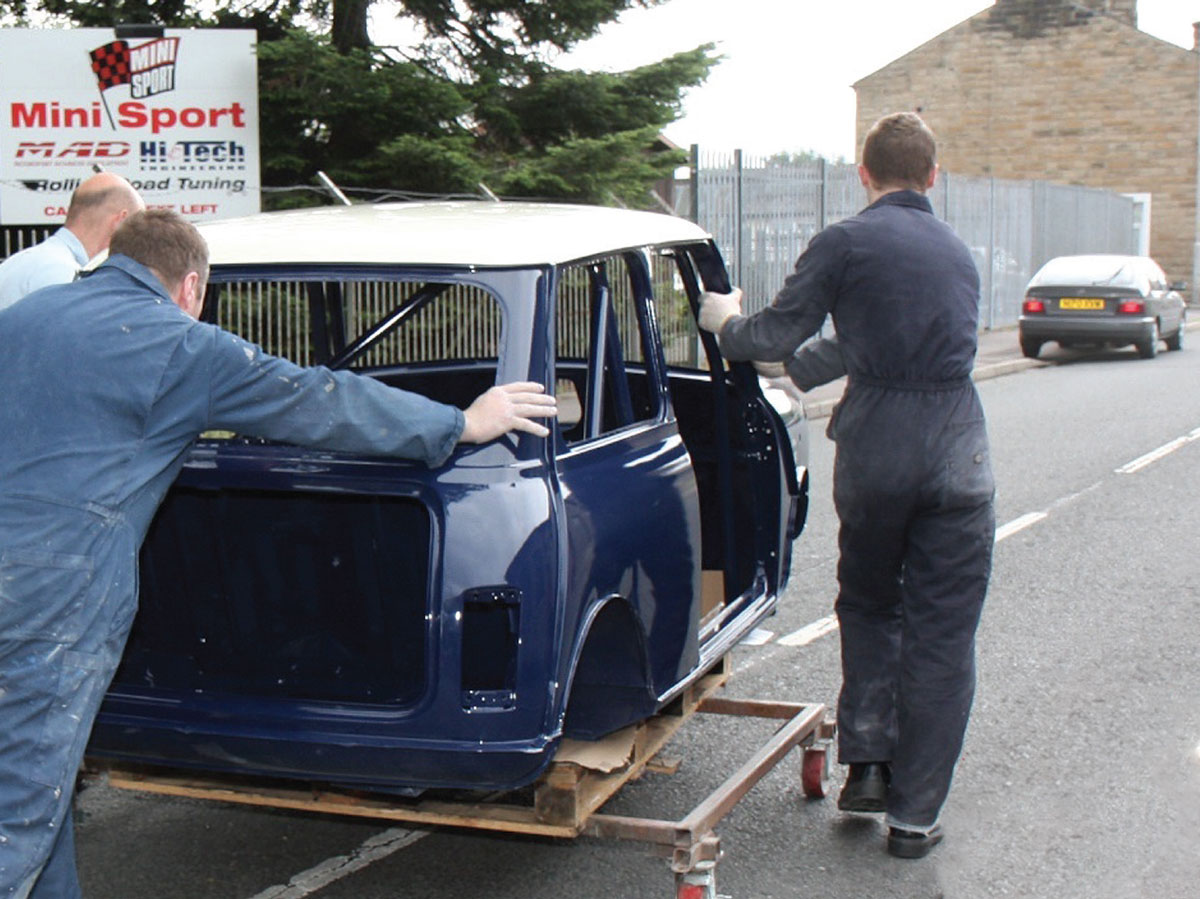 The Mini shell for the Bogus 2 rebuild project being lifted and transported for further assembly.