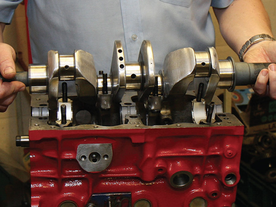 Crank being lowered into the engine block