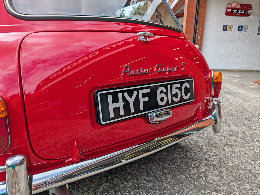 Rear of the Mk1 Cooper S Mini with chrome badge and bumper