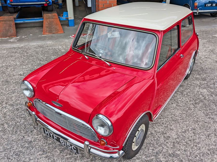 Above view of the Tartan Red Mini showcasing the white roof