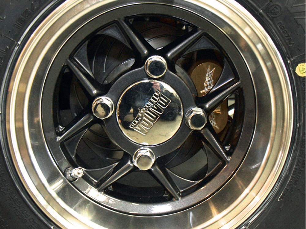 Mamba wheel and Yokohama tyre fitted over Mini Sport Gold brake caliper on Bogus 2.