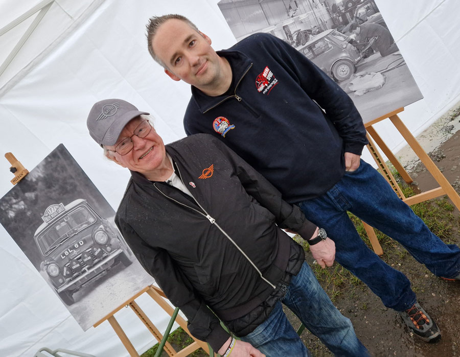 Ronald Broeren and Rauno Aaltonen posing together at a Classic Car Show, showcasing Minis.