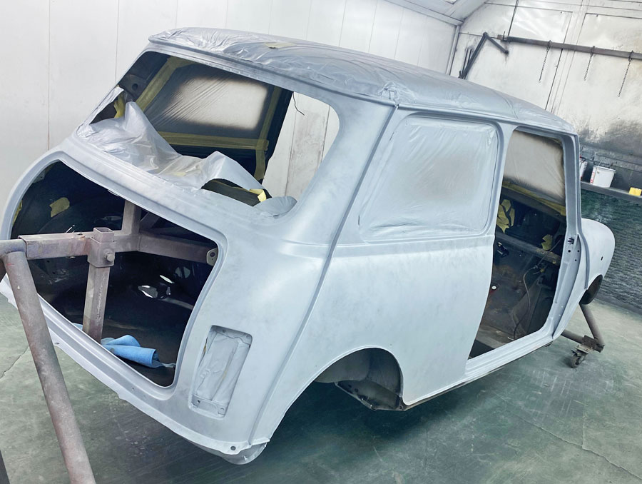 Classic Mini Cooper shell primed and ready to be painted