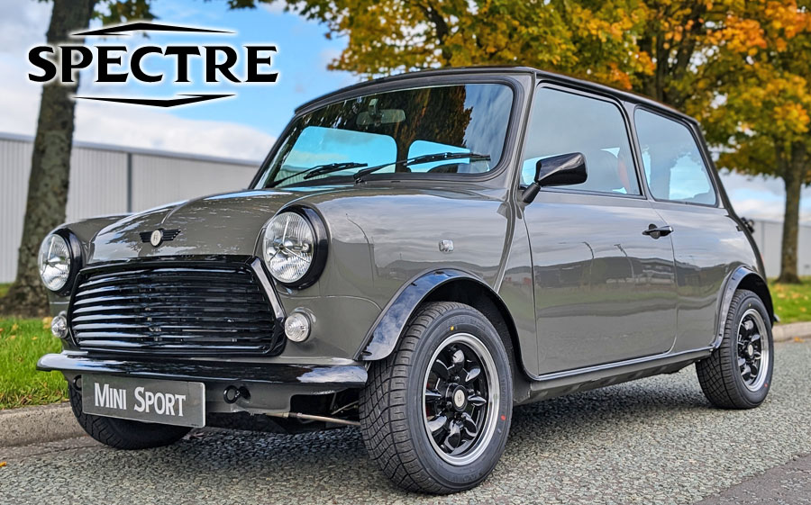 Meet 'Spectre' the bespoke Classic Mini EV by Mini Sport, finished in Yukon Grey with contrasting black roof, ready for delivery