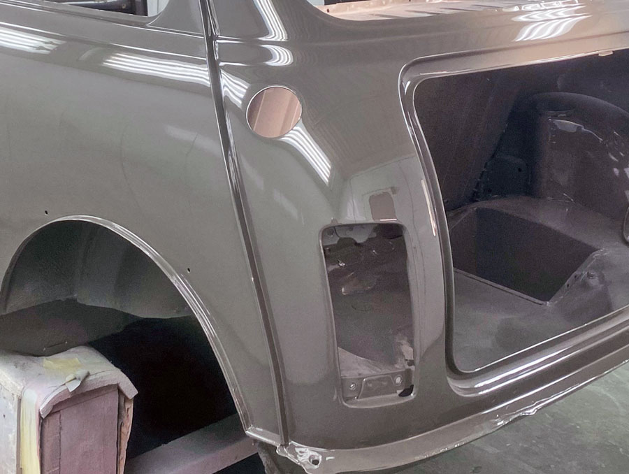 Finished painted classic Mini body shell rear end, in Yukon Grey