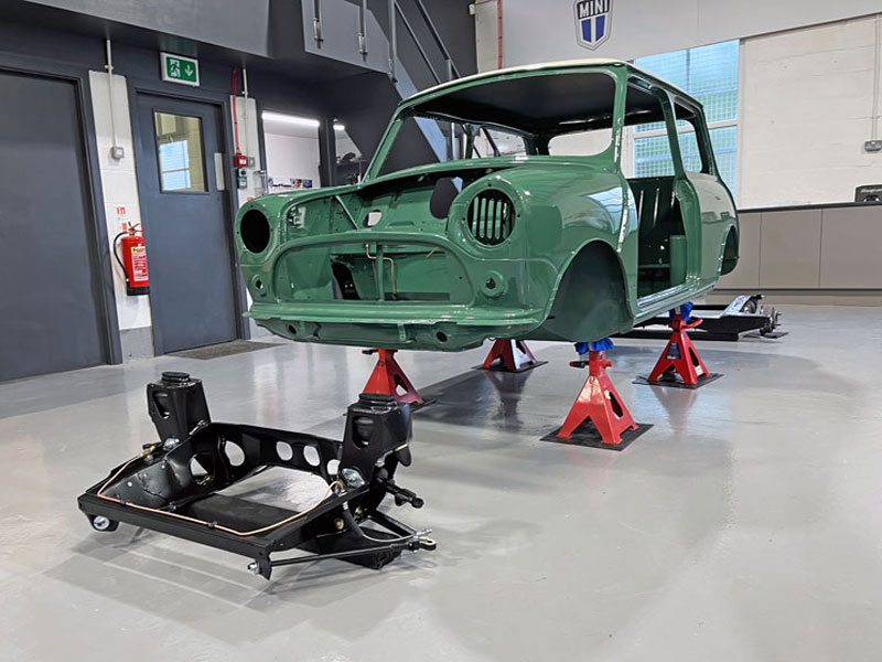 mk1-mini-shell-front-subframe-1 Mk1 Almond Green Mini shell with front subframes and rear subframes ready to be fitted